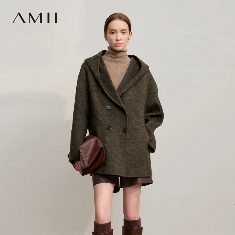

Amii женское пальто 2025, новое зимнее однотонное двубортное шерстяное пальто с капюшоном для женщин, теплое универсальное свободное пальто, женское 12544043