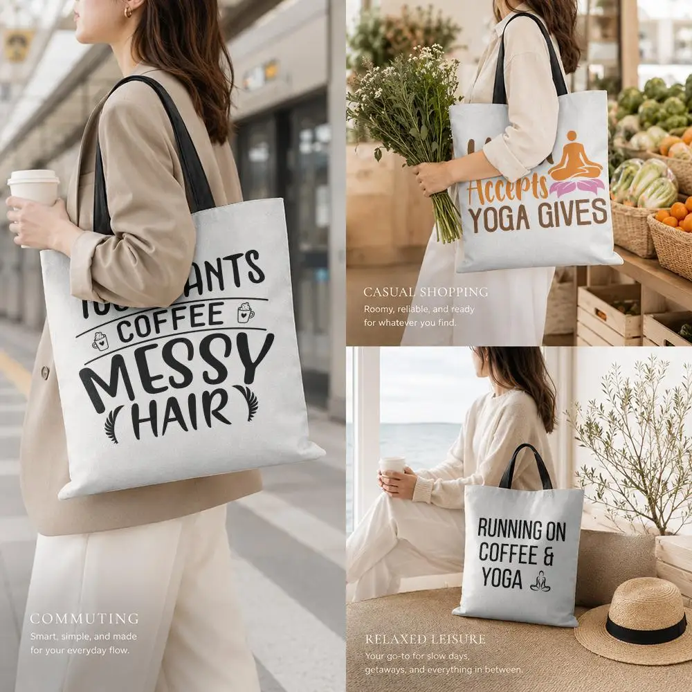 Boho Funny Yoga Text Storage Bags Canvas Tote Bag Large Capacity Reusable For Shopping Commute Grocery Shoulder Bag Gift