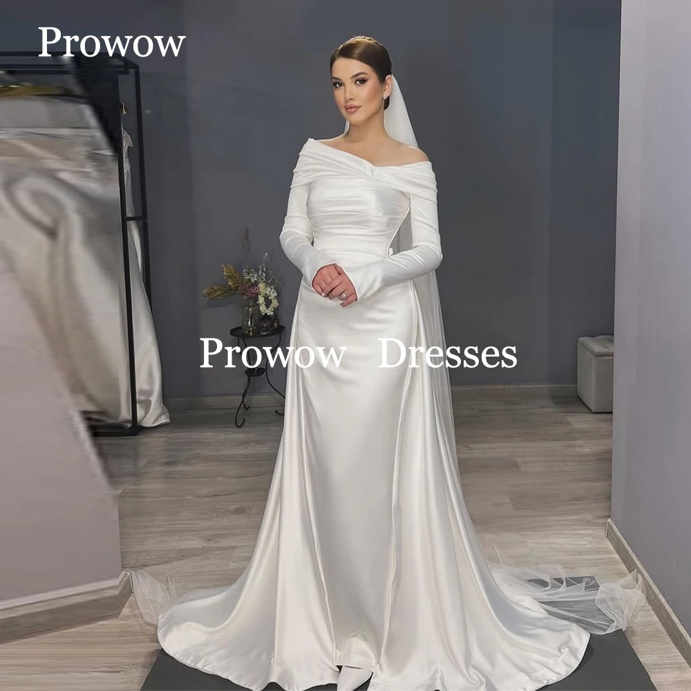 

Prowow Modeat Off Shoulder Silk Wedding Dresses Floor Length Bride Gowns Sashes Sweep Train Full Sleeves Pleats Customized