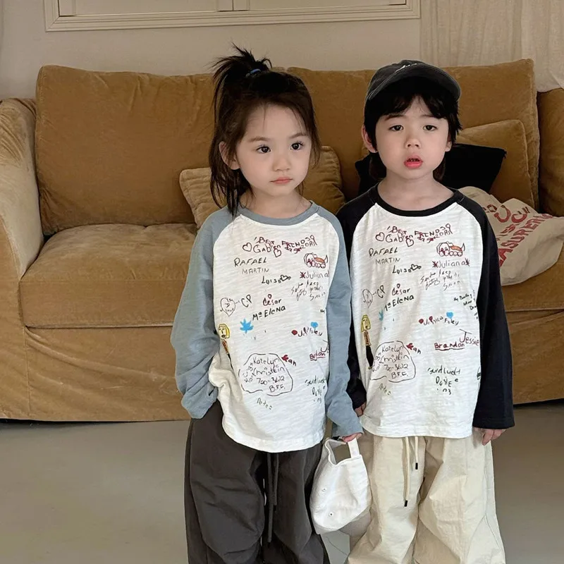 Children Tshirt 2024 Autumn New Boys and Girls\' Japanese Loose Fitting Letter Cartoon Embroidery T-shirt Baby Bottom