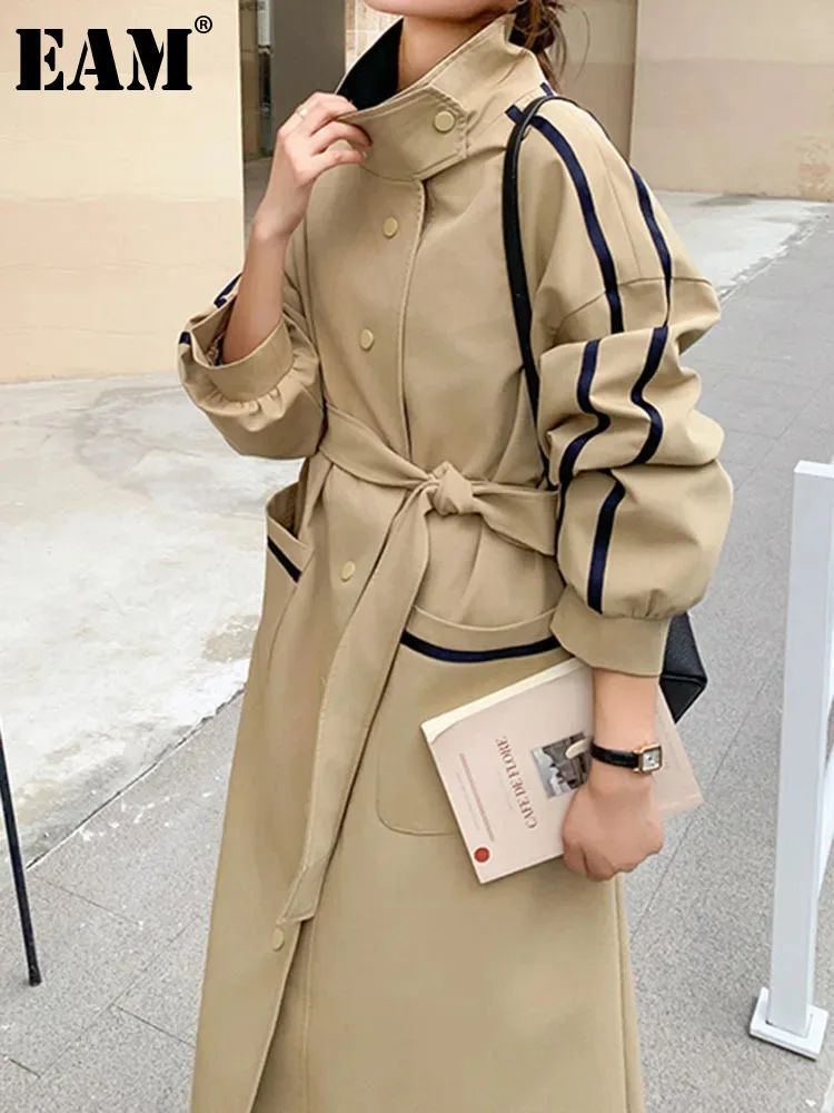 

[EAM] Women Khaki Color-block Big Size Elegant Trench New Lapel Long Sleeve Windbreaker Fashion Tide Spring Autumn 2024 1DH6251