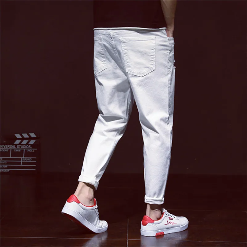 Ripped White Denim Distressed Mens Pants Cowboy Holes Black Fashion Plus Size 42 40 38 Ankle Length Trousers Big Loose Jeans