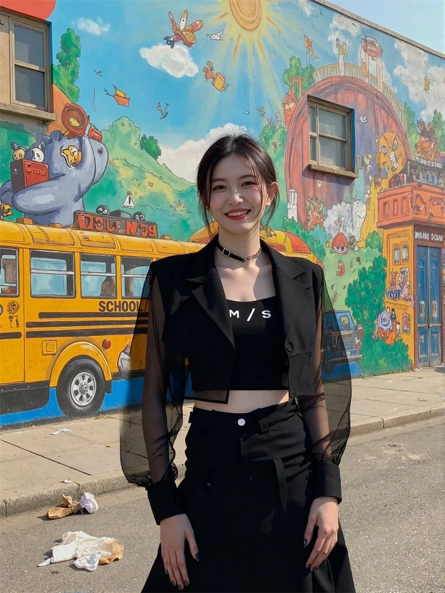 Sonnenschutz, abgeschnittene, durchsichtige Blazer mit Rückenschlitz, elegante Damenkleidung für Damen, Weben, kausal, bestickte Flares, Farbblock-Femme