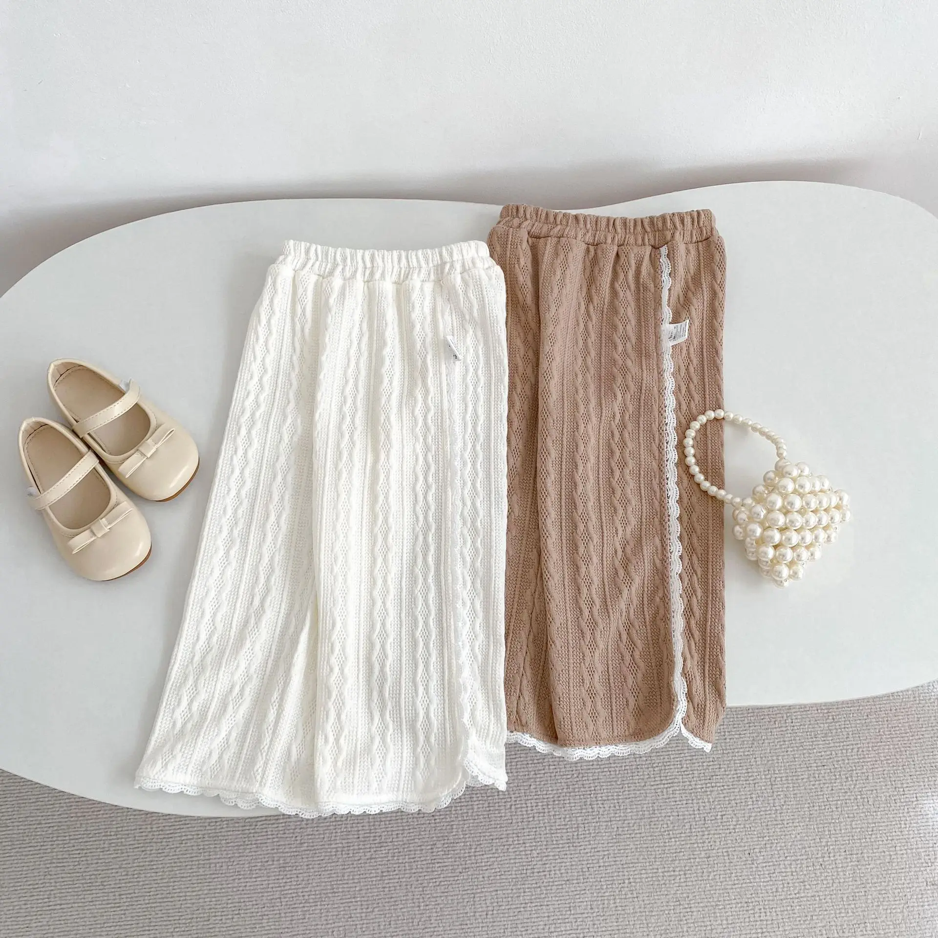 26 Girls' Wide Leg Pants Summer Simple Solid Color Knitted Hollow Breathable Middle and Small Children's Fashionable