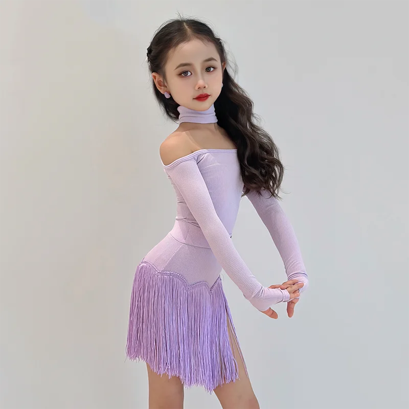 Kids Children Latin Dance Clothes 2025 Off Shoulder Purple Performance Suit Long Sleeve Bodysuit Fringe Skirt Girls Latin Outfit