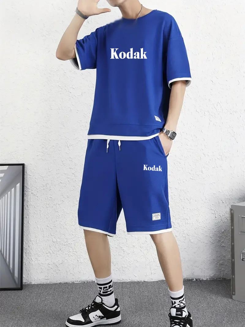 

Summer Jinkodaio Letter Print Men's Short Sleeve + Shorts Set - Adult Outdoor Breathable Casual Sports Two-Piece Set