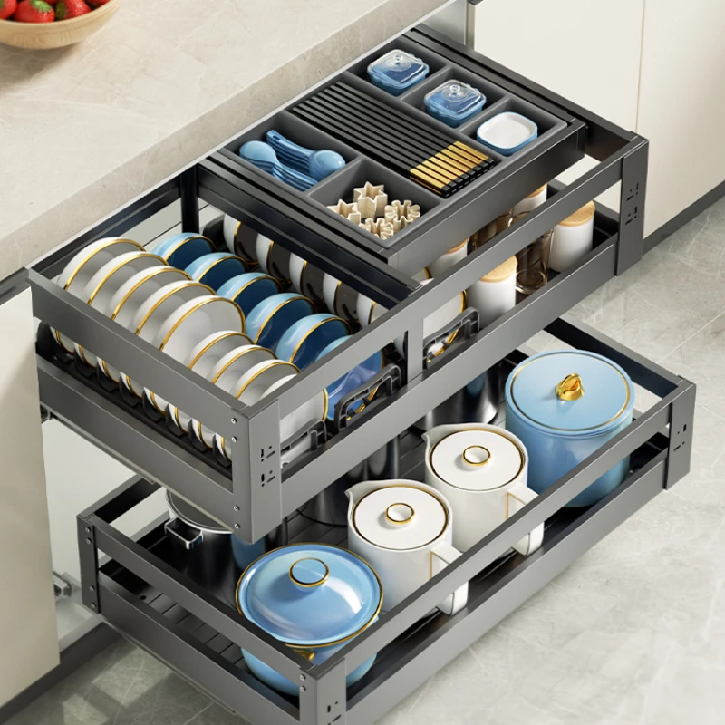 

Basket-pulling kitchen cabinet with three-layer drawer-type aluminum alloy deepening cabinet with bowls, chopsticks, pots, pans