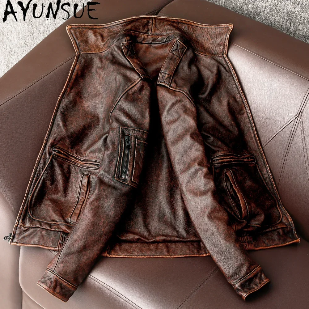 AYUNSUE chaqueta de cuero de vaca auténtico para hombre, abrigos cortos Vintage de piel de vaca, abrigos de cuero genuino a la moda para otoño, chaqueta Bomber para hombre, Chaquetas