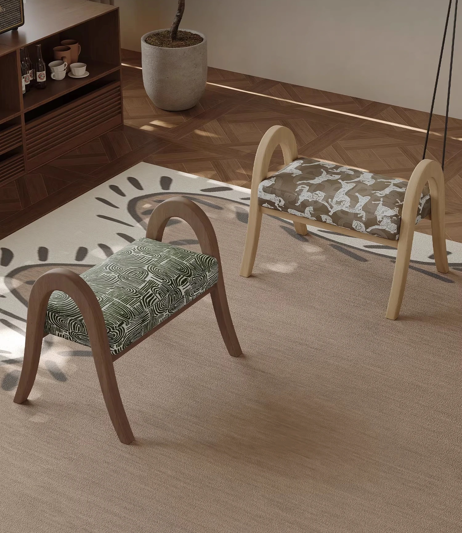 Light luxury embroidery fabric, magnolia low stool, shoe changing stool, solid wood home study door pedal advanced design