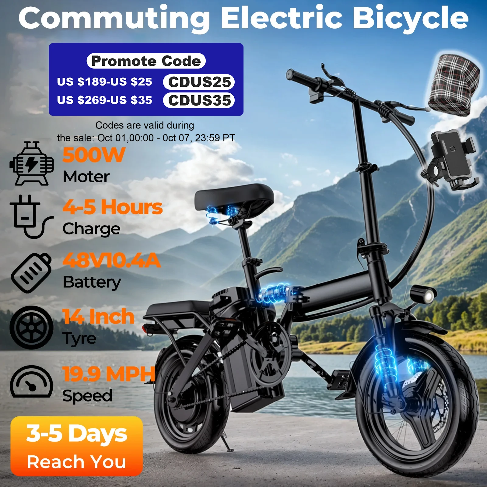 LELEKUAI 500W Adult Electric Bike, 20 MPH, 48V 10.4Ah Removable Batter...