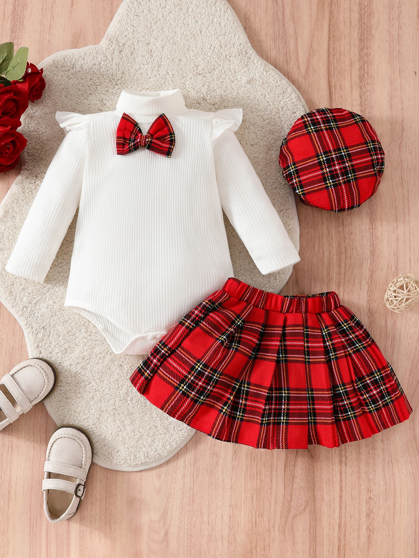 Baby girl design pleated sleeve bow design blouse + plaid A-line skirt + hat English style three-piece set