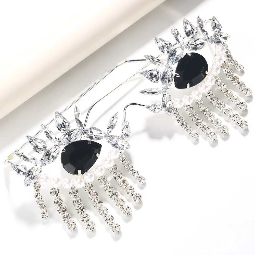 Fashion Black Evil Eye Tassel Sunglasses Frame Halloween Eyewear Accessories Statement Imitation Pearl Crystal Eyeglass Women
