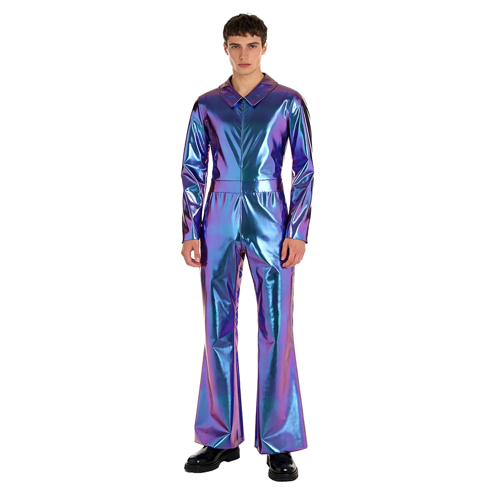 

Mens 70s Disco Hippies Jazz Dance Performance Costume Metallic Shiny Unitards Jumpsuit Wide Leg Pants Rompers Vintage Clubwear