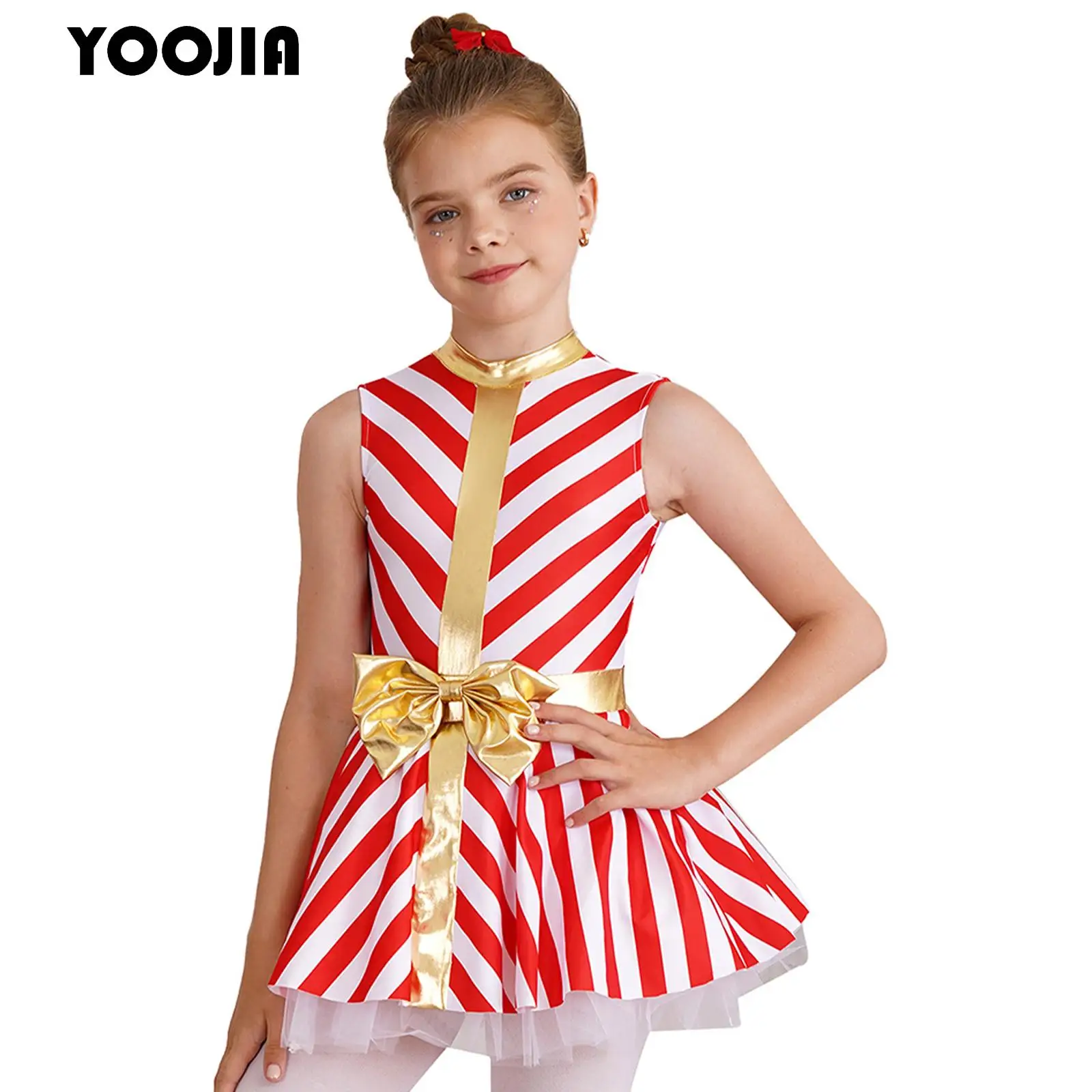 

Kids Girls Christmas Candy Cane Striped Dance Costume Sleeveless Bowknot Tutu Leotards Dress for Ballet Figure Skating Dancewear