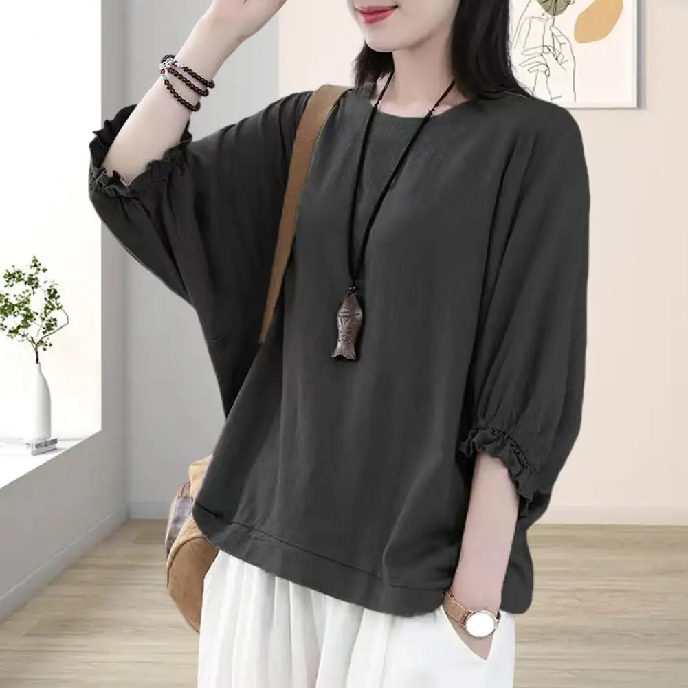 เสื้อสวมหัวกลมแขนสามส่วนของผู้หญิงเสื้อผ้าสตรีเสื้อยืดท็อปแบบตัวสั้นฤดูใบไม้ผลิและฤดูใบไม้ร่วง