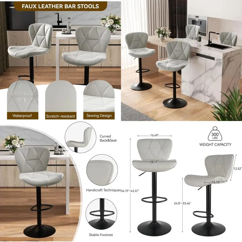 

Набор из 4 регулируемых кожаных поворотных барных стульев, высота до столешницы, со спинкой, светло-серый, для кухонного острова