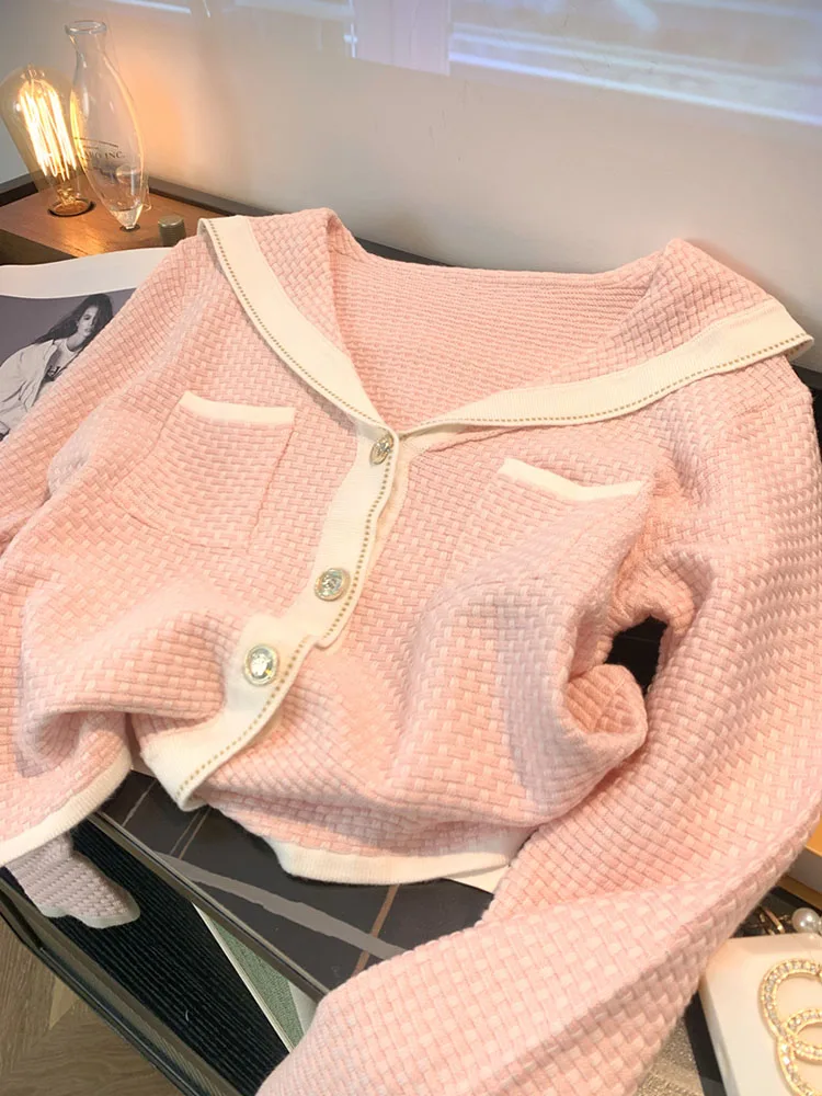 2023 Autumn Winter Women Pink Knitted Cardigans Sweater Loose Japanese Sweet Single Breasted Sailor Collar Jumper Preppy Style