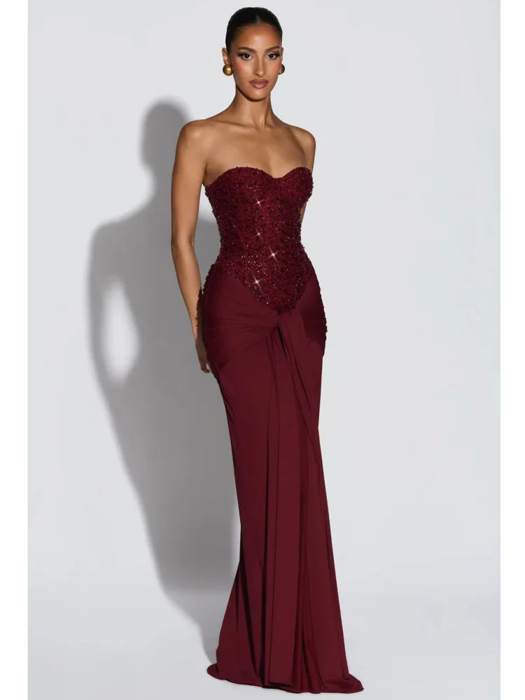 DFDG Dames 2025, lente zomer, luxe paillettenjurk, strapless, hoge taille, wikkelband, bodycon, effen kleur, formele maxi-jurk - afbeelding 2