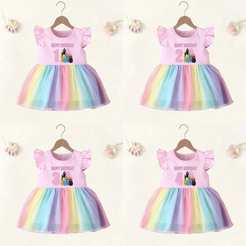 Baby Girl Clothes Age 1 2 3 4 Years Birthday Dress Cartoon Cute Barbapapa Princess Vestidos Toddler Girls Rainbow Mesh Dresses