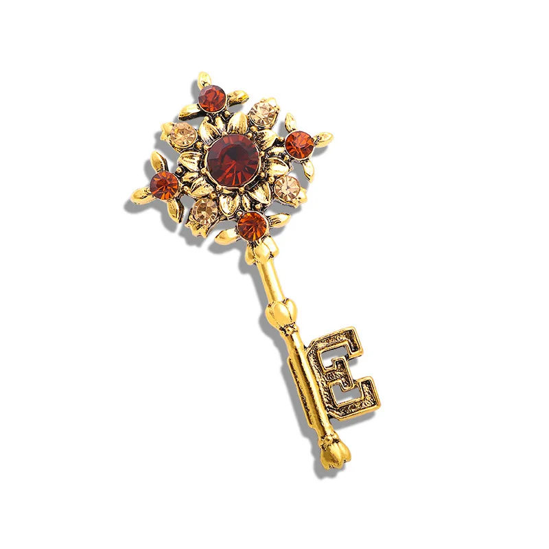 Vintage Baroque Palace Style Key Brooches Pins For Women Girls Elegant Crystal Retro Suit Coat Badges Buckle Accessories