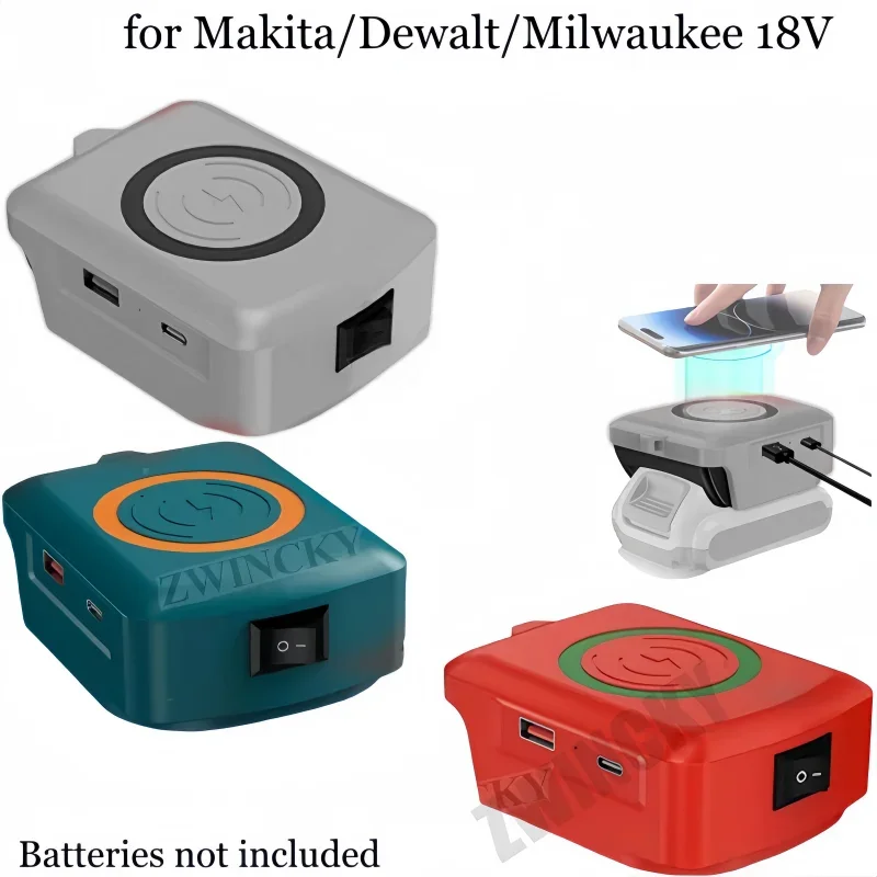 

Портативный адаптер зарядного устройства для литий-ионных аккумуляторов Makita/Dewalt/Milwaukee 18 В с портом зарядки USB/Type-C, беспроводное зарядное устройство