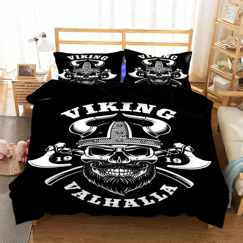 

3D Print Vikings Duvet Cover Set King/Queen Size Slate Blue Mjolnir Pattern Bedding Set Northern Germanic Culture Quilt Cover