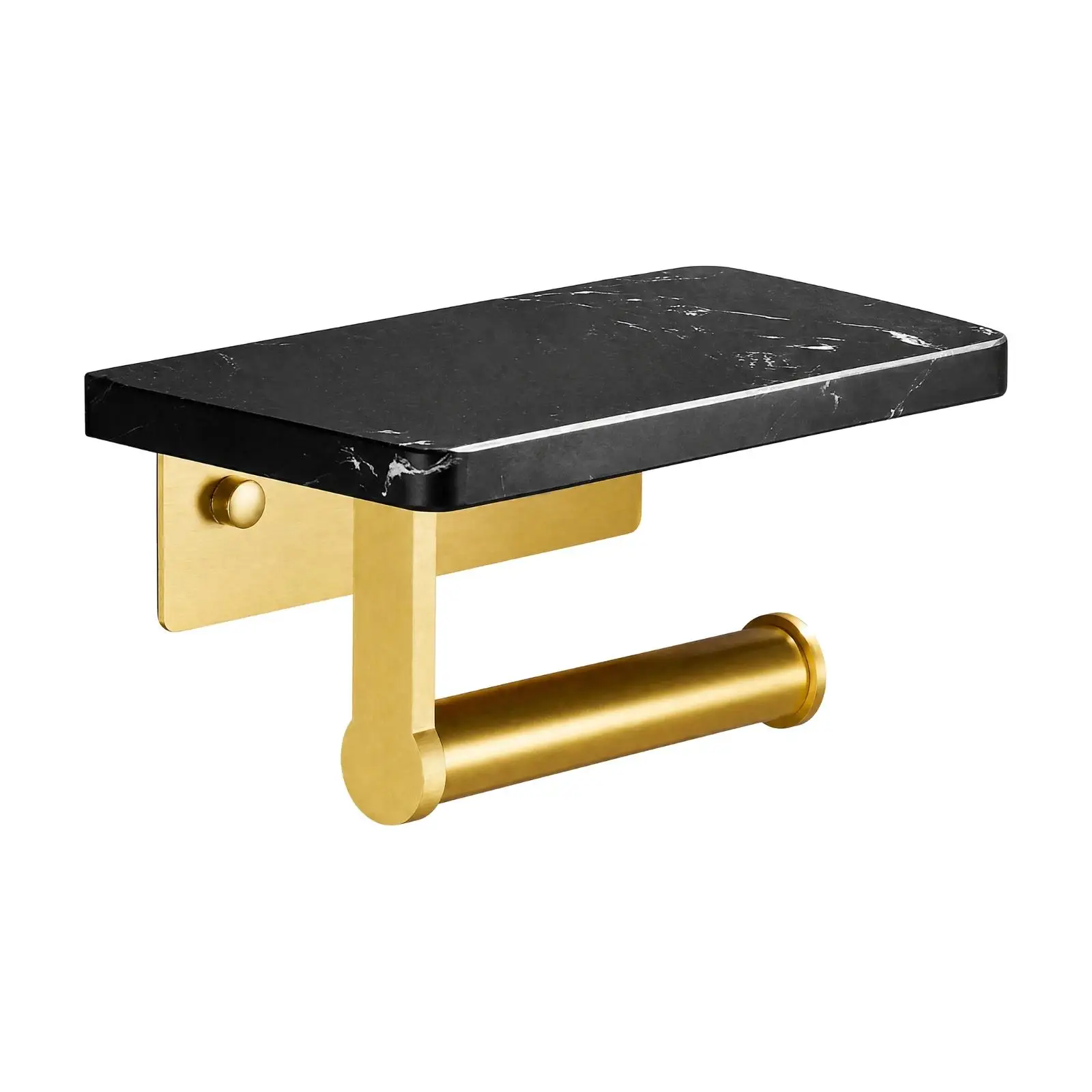 Wall Mounted Toilet Roll Holder with Marble Shelf Gold Tone Design Space Saving Bathroom Storage Organizer No Punch Needed