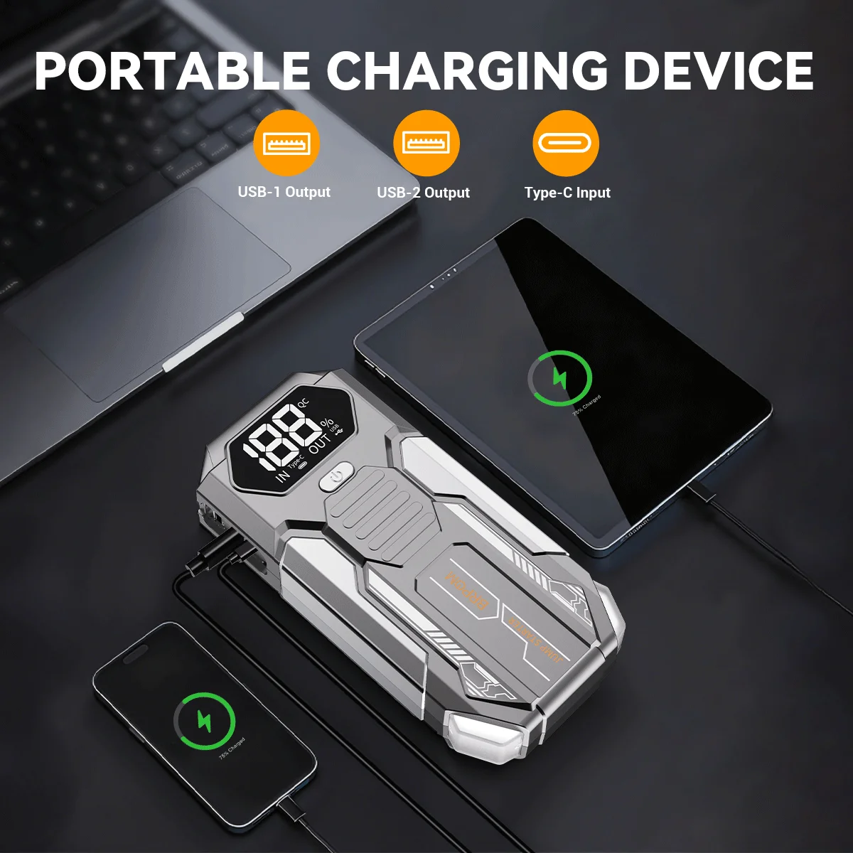 Auto-Starthilfegerät, Starthilfe-Batteriepack für 6,0L Benzin und 5,0L Diesel, 12V Tragbare Starthilfebox mit LED-Licht – Detail 5