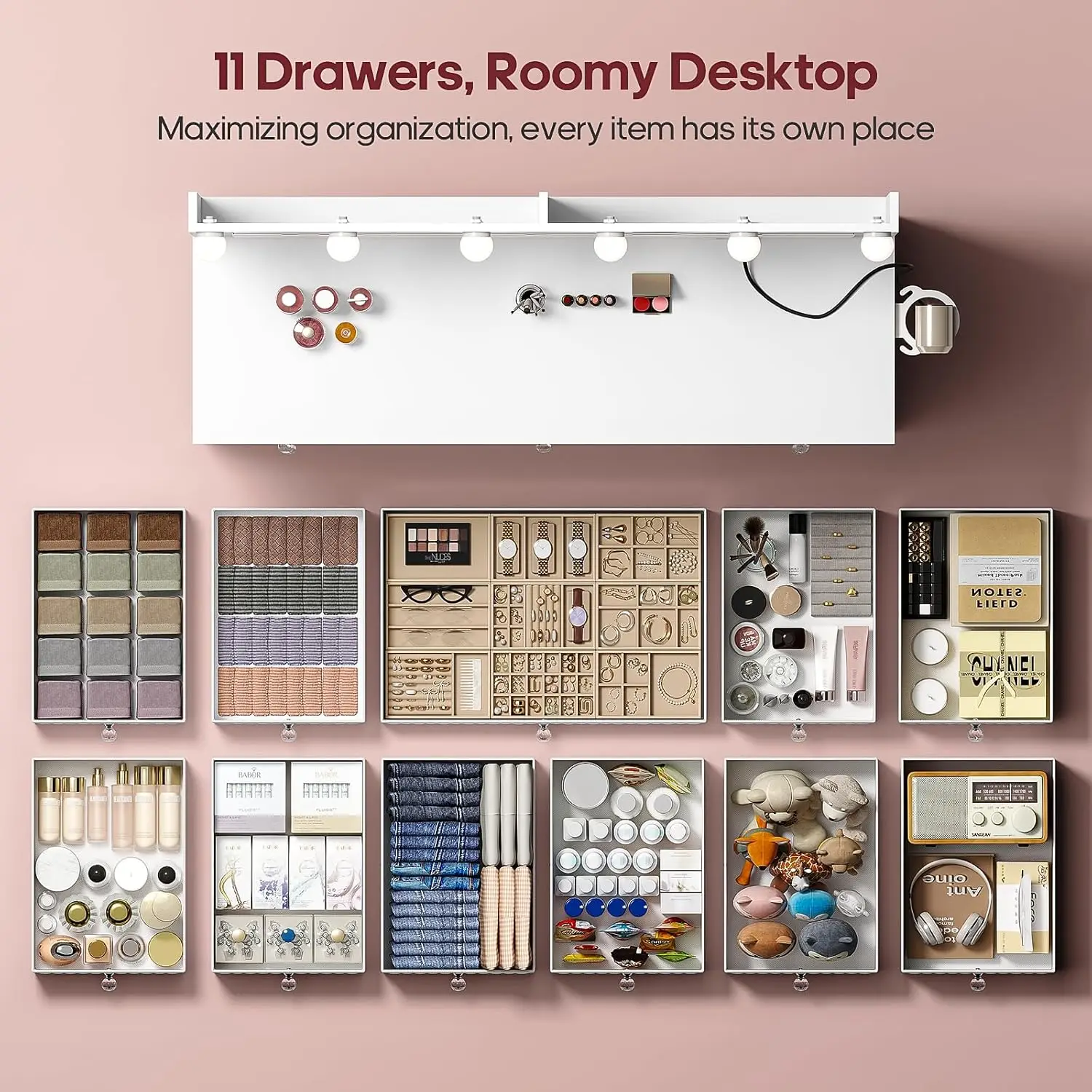 Meja Rias dengan Cermin dan Lampu Ekstra Besar, Meja Rias Rias dengan Power Strip, Meja Rias 45,3” dengan Penyimpanan, Meja Rias