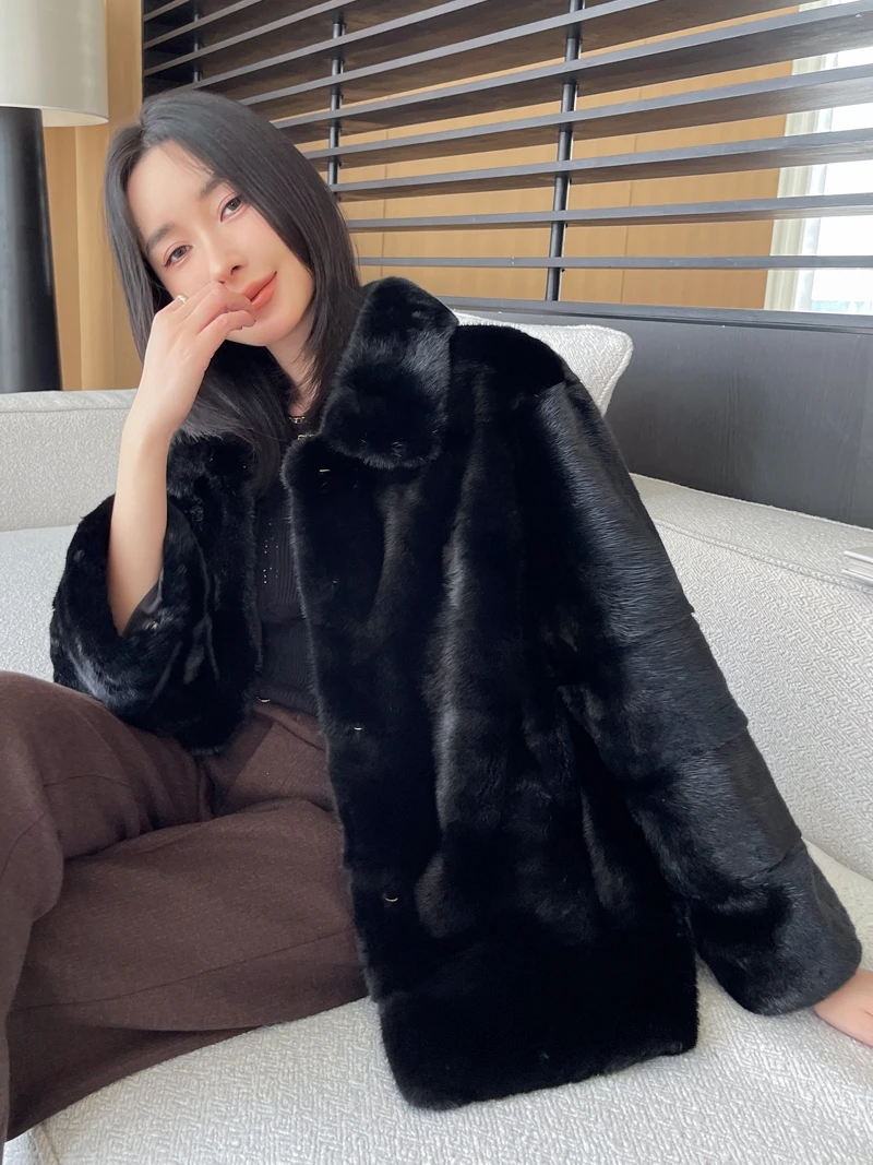 Women's Cube Collar Crossgrain Short Whole Mink Fur Black Mink Fur Jacket Women's Winter Mink Coat