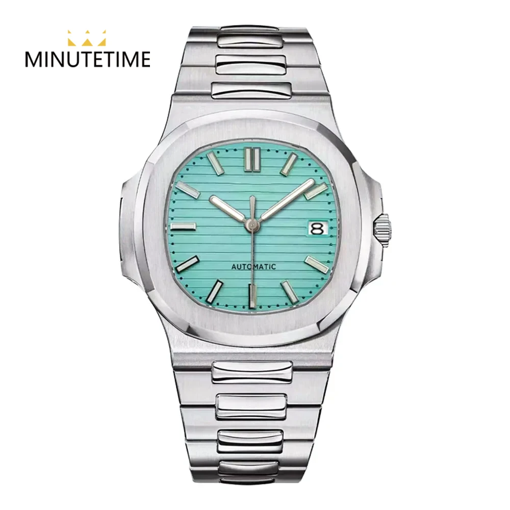 MINUTETIME Green Dial NH35 Watch Silver Mens Watch Sapphire Crystal NH35 Automatic Mechaninal Movement Stainless Steel Strap