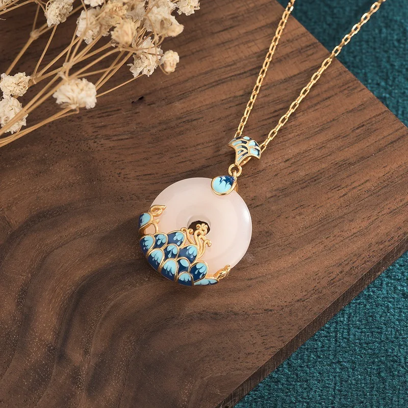 Bracelet Hand String Live Supply National Tide Design Gold-Plated Hetian Jade Pendant Retro Cloisonne Mountain Sea Safe Buckle