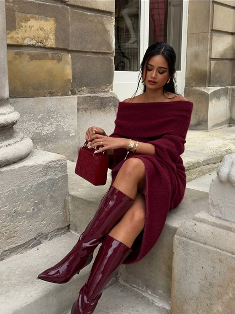 Vestido de manga larga con hombros descubiertos para mujer, traje elegante de cintura alta con un cuello, Color sólido, ropa de calle para fiesta de