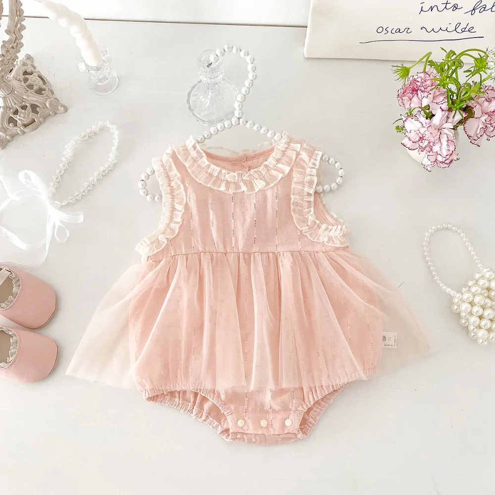 

Romper Kid Girl 2025 Summer New Style Crepe Layered Skirt Lace Ruched Sweet Fashion Vacation Beach Active Birthday Party
