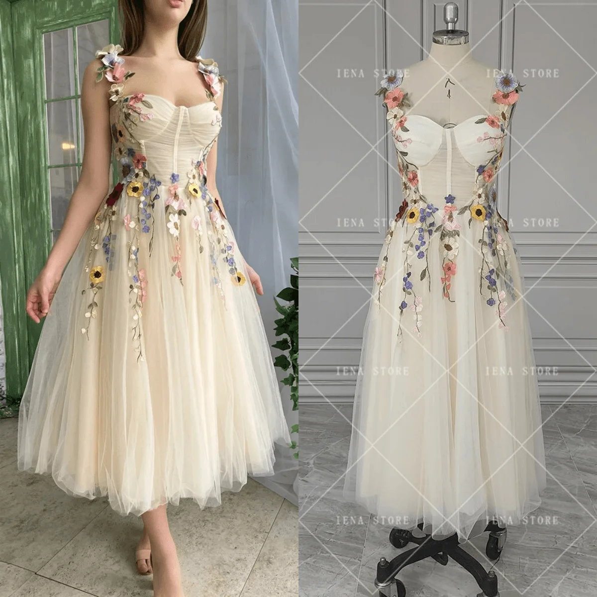 custom 14733# Light Champagne Tulle A Line Sweetheart 3D Floweral Straps Cute Evening Dress Party Prom Gown  Open Back