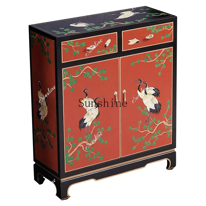 Door painted solid wood entrance shoe cabinet Chinese style red decorative locker