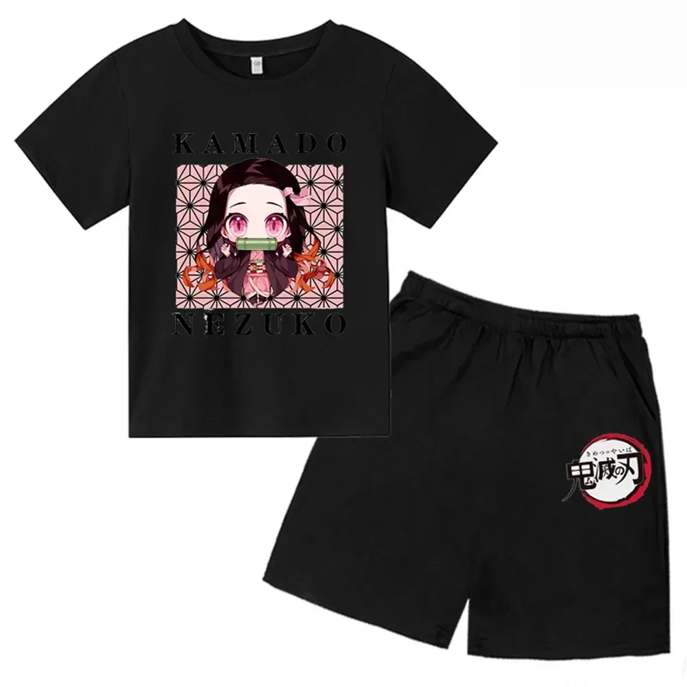 Brand Anime Demon Slayer Kamado Nezuko Print Kids Cotton T-Shirts Shorts Set Girls Clothes Baby Boys 2024 Summer Children Set