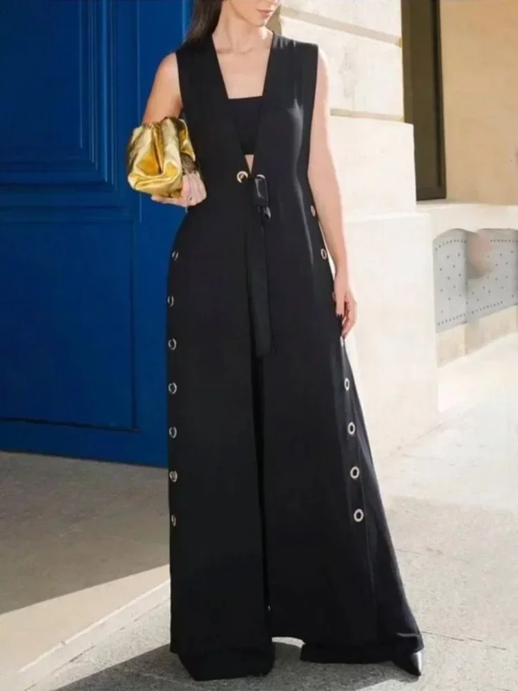 2026 New Fashion Hollow Lace-up Vest Outerwears For Women Loose Sleeveless Split-Side Deep V-Neck Commute Trench