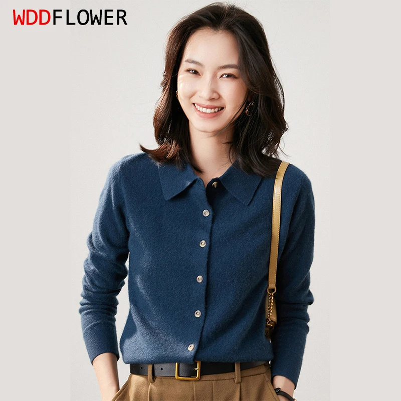 

Women 100% Wool Turn-down Neck Long Sleeve Buttons Down Sweater Cardigan Top Shirt Warm Winter Fall ZJ003