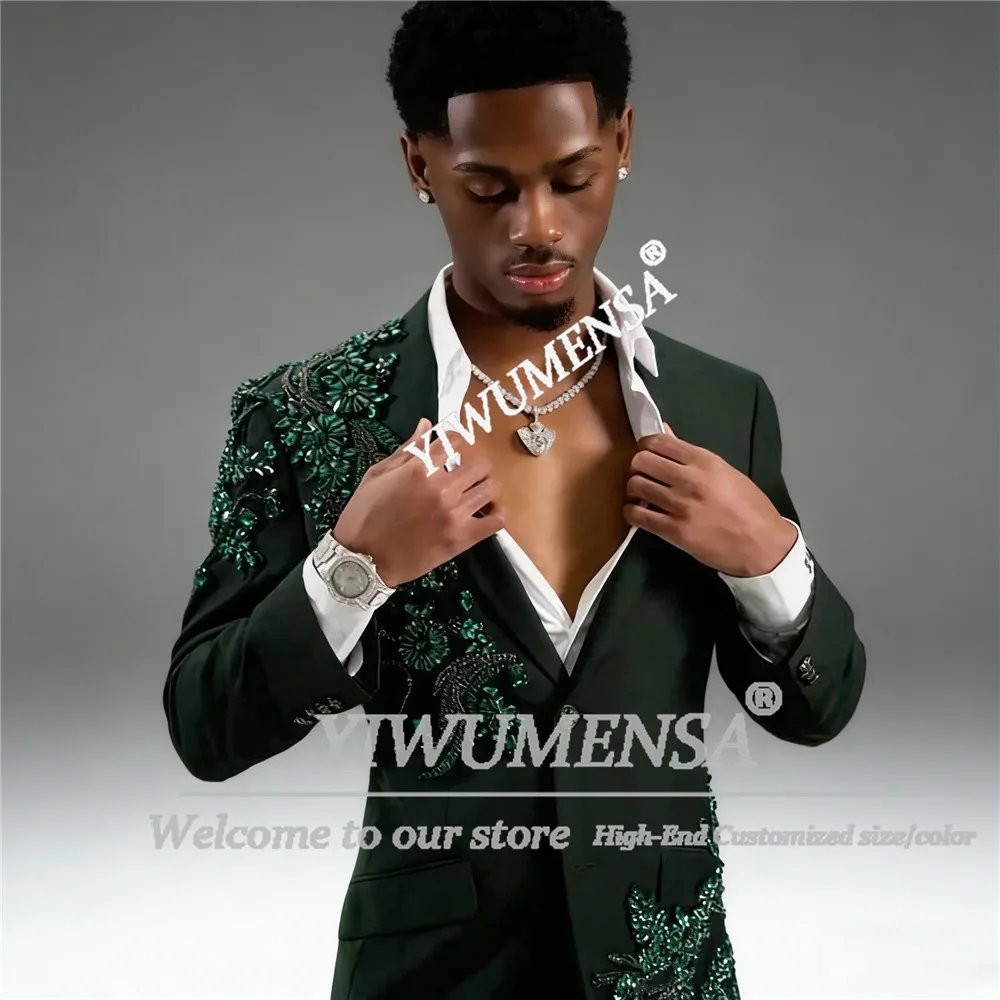 

Unique Design Suits Men Formal Wear 2 Piece Sets Green Beaded Appliques Prom Blazer Customized Groom Wedding Tuxedos Ropa Hombre