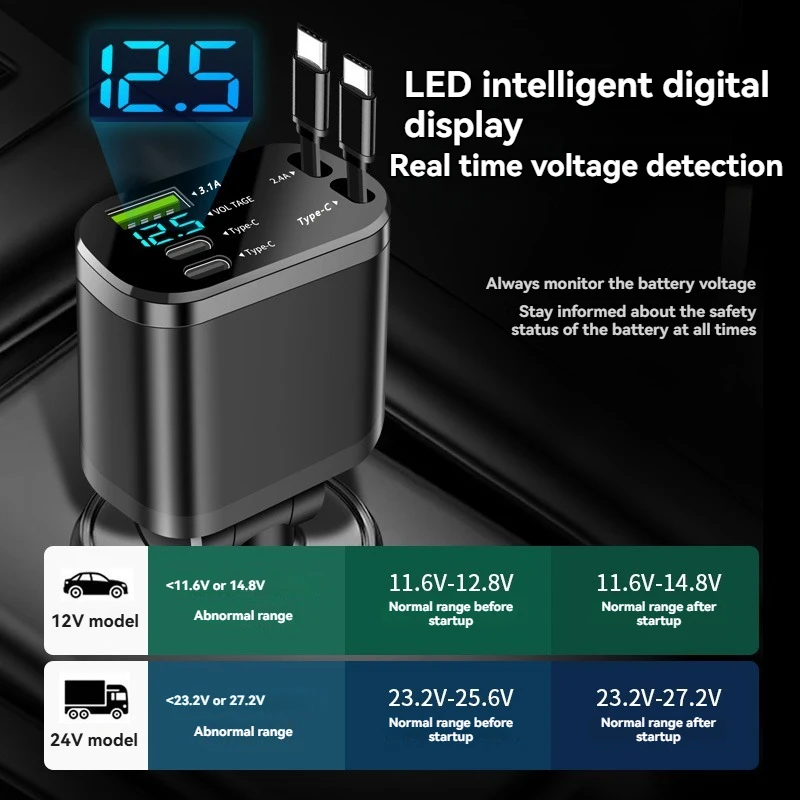 Car charger, car charger with retractable cable, car PD, car fast charging, super fast charging, flash charging, five in one cig, image 5