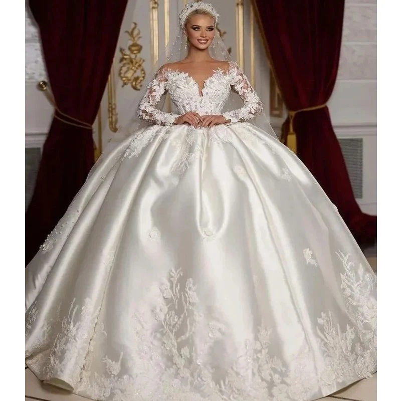 

Luxury Sweetheart Neck Long Sleeve Ball Gown Wedding Dresses 2024 Delicate Applique Beading Satin Princess Bridal Gown