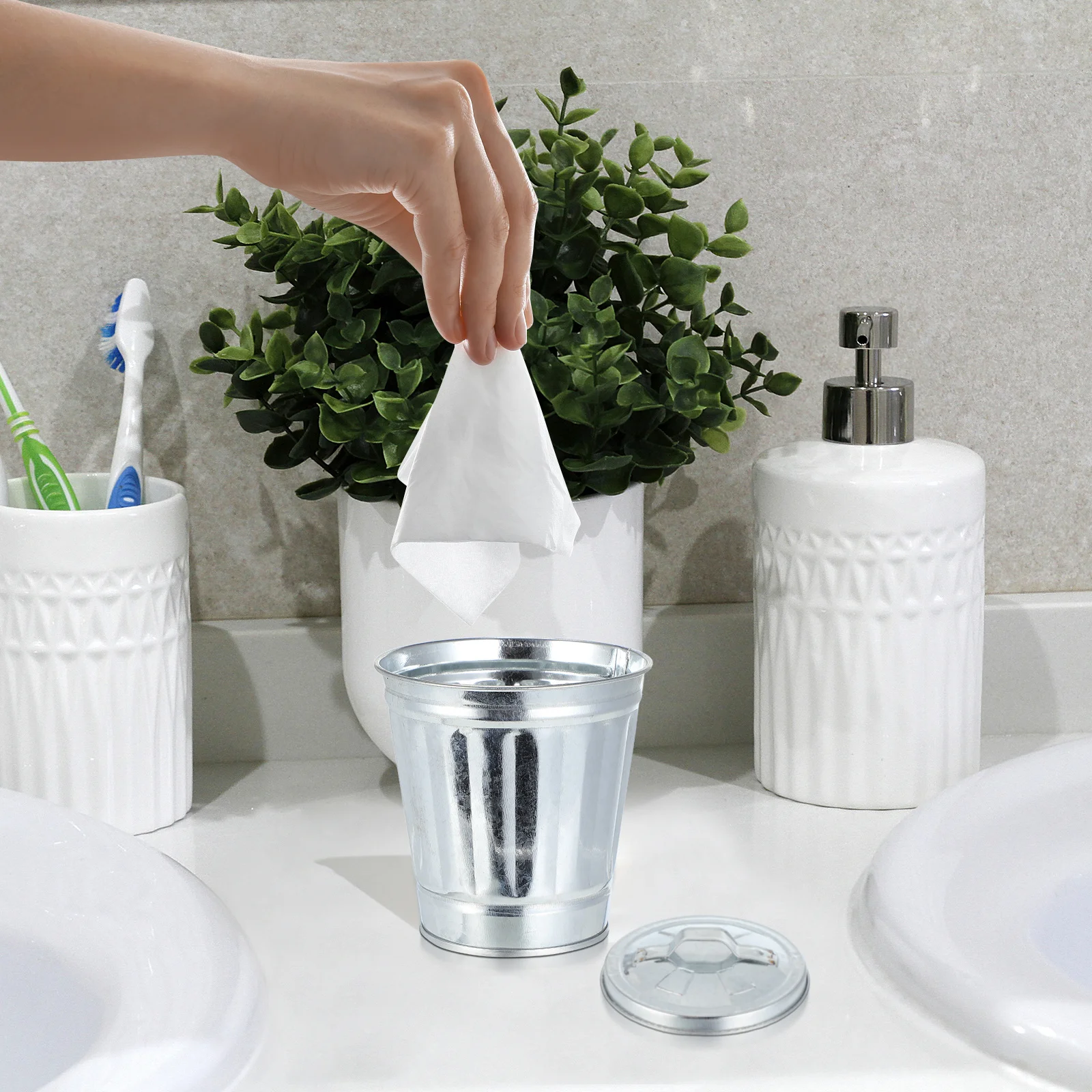 

3pcs Desktop Storage Can 9.50X9.00X9.00Cm Mini Trash Bin Flowerpot For Home Office Dorm Waste Container Garbage Holder With Lid