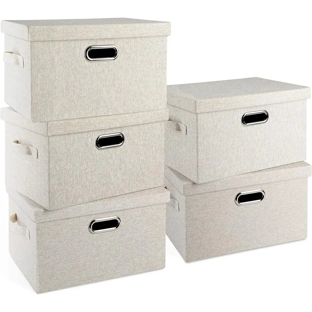 

5 packs of beige foldable fabric wardrobe box, heavy-duty linen cube basket with lid organizer box