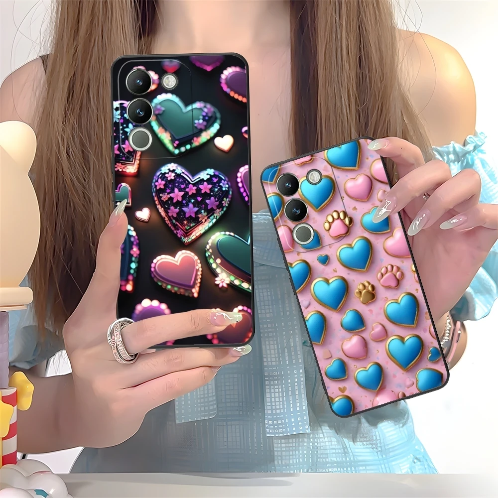 Y2K Glowing Love Hearts Mobile Phone Case for VIVO Y95 Y93 Y31 Y20 V19 V17 V15 Pro X60 NEX Black Soft Phone Cover Shell