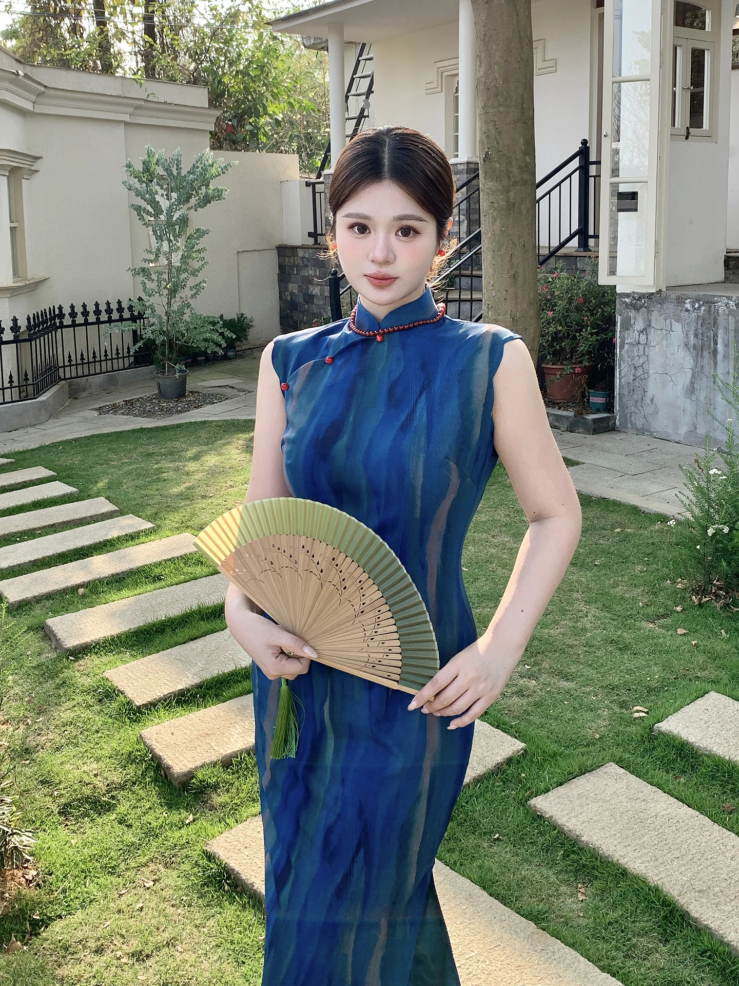 

Blue Gradient Sleeveless Chinese Style Long Dress plus Size Women's Clothing High Waist Print Polyester Fiber Street Style