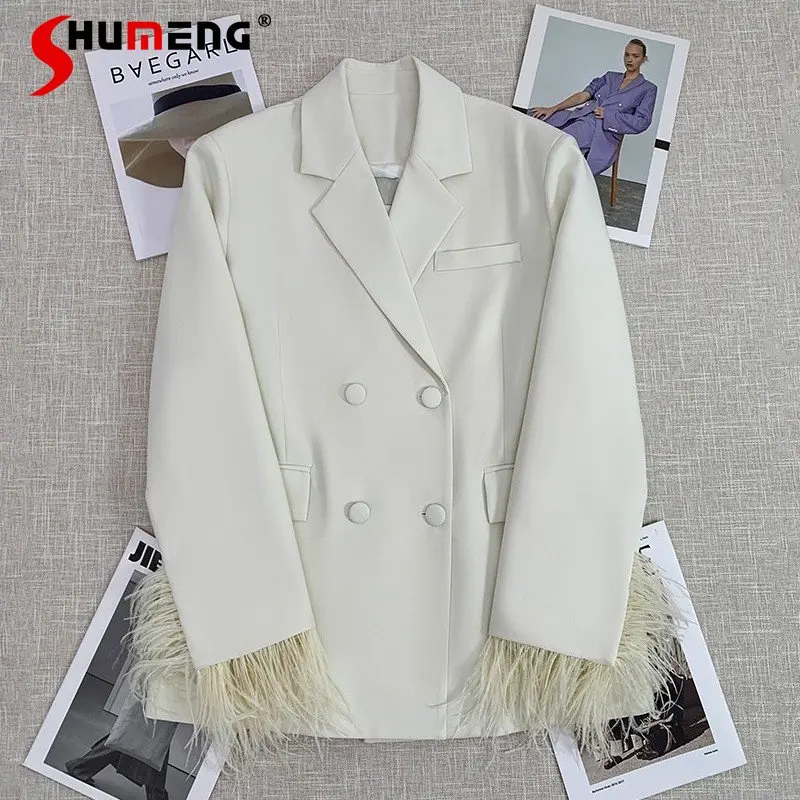 

White Suit Jacket Women's Design Sense Niche Stitching Feather Double Breasted Loose Slimming and All-Matching Suit Coat Fashion