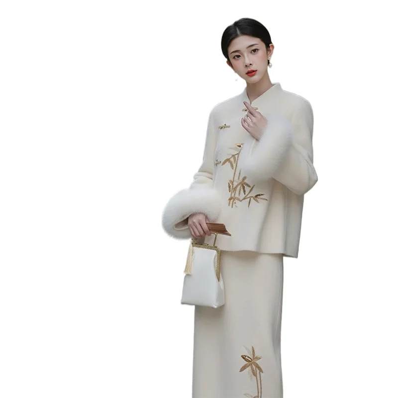 

Women's New Chinese-Style National Wind Double-Sided Wool Coat 2-Piece Set - Short Outerwear for Engagement