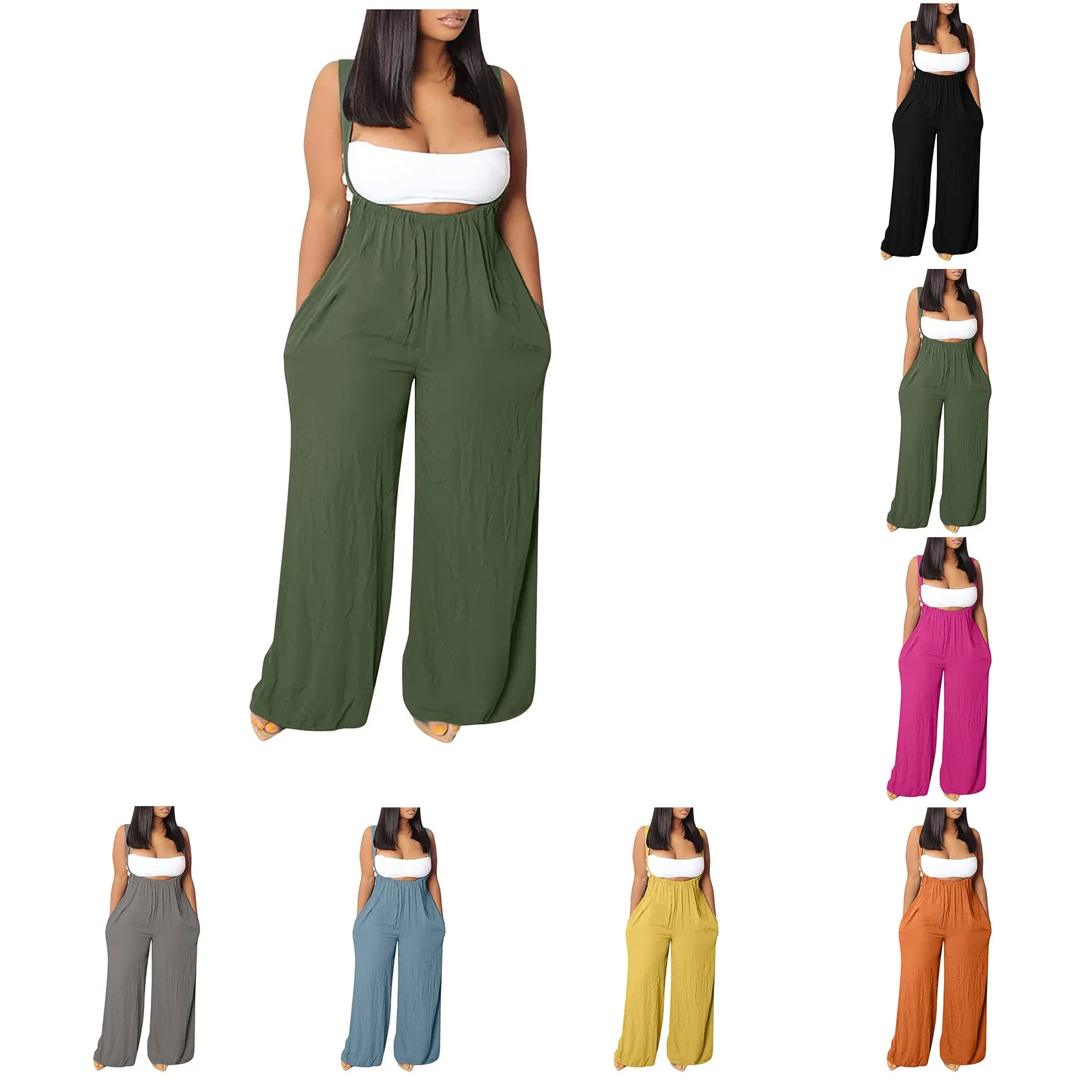 2024 New Multi Color Jumpsuit For Women Spaghetti Strap Wide Leg Rompers Fashion Sleeveless Overalls With Pocket Ropa De Mujer