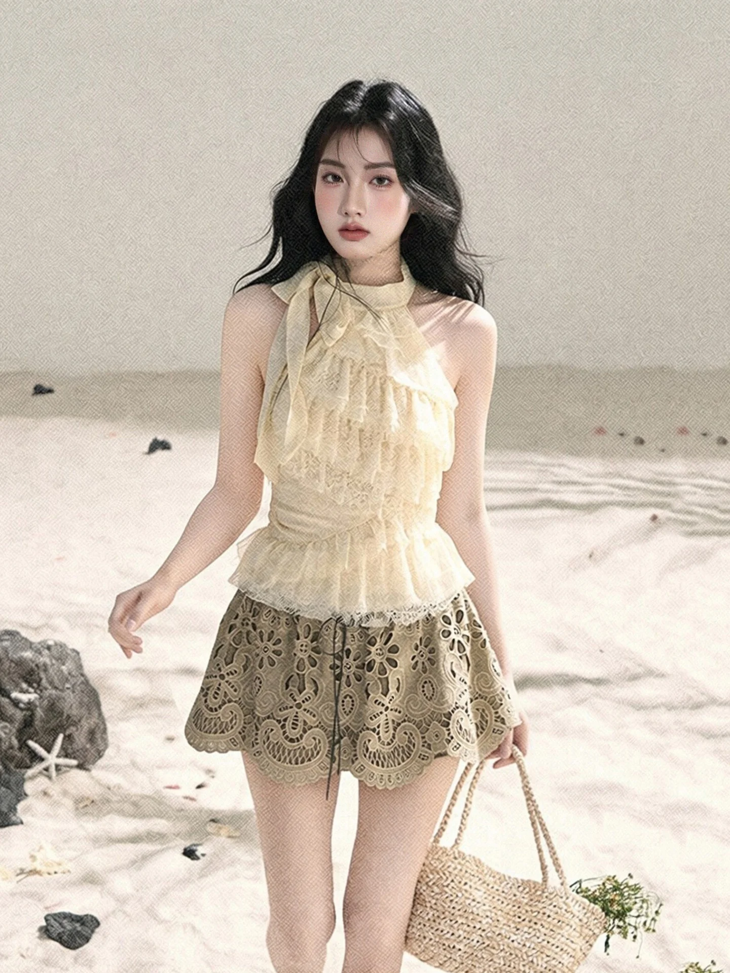 

Женская кружевная блузка LIXIAOWAN, летняя, без рукавов, с круглым вырезом, облегающая, цвета гусиного пера, в французском стиле